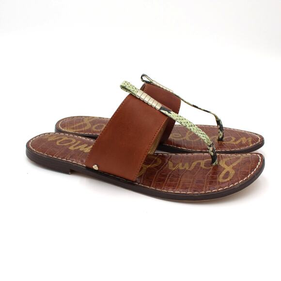 Sam Edelman Kaye Sandals Womens 9 Brown Leather Snake Print Thong Flat Slip On - Picture 1 of 7